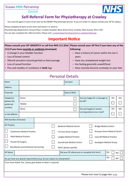 Crawley You Must Be Aged 17 Years to Be Seen by the SMSKP Physiotherapy Service