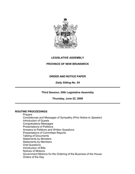 Legislative Assembly Province of New Brunswick