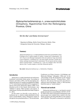 Protistology Stylonychia Harbinensissp. N., a New Oxytrichid