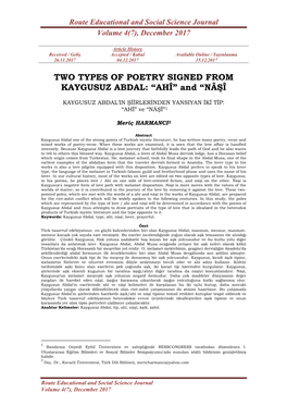 TWO TYPES of POETRY SIGNED from KAYGUSUZ ABDAL: “AHÎ” and “NÂŞÎ