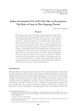 Indian Constitution Vis-À-Vis the Idea of Secularism: the Role of State in the Ongoing Trends