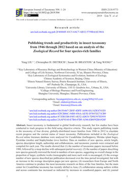 Publishing Trends and Productivity in Insect Taxonomy from 1946 Through 2012 Based on an Analysis of the Zoological Record for Four Species-Rich Families