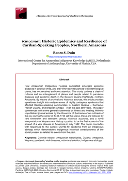 Kuwamai: Historic Epidemics and Resilience of Cariban-Speaking Peoples, Northern Amazonia