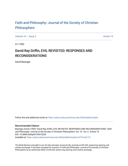 David Ray Griffin, EVIL REVISITED: RESPONSES and RECONSIDERATIONS