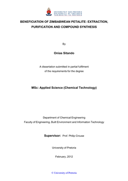 Beneficiation of Zimbabwean Petalite: Extraction, Purification and Compound Synthesis