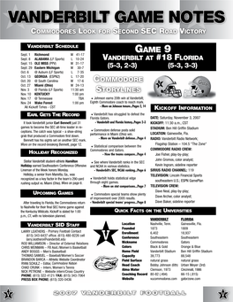 Vanderbilt Game Notes Commodores Look for Second SEC Road Victory