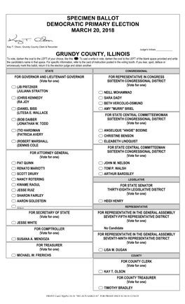 Specimen Ballot Democratic Primary Election March 20, 2018 Grundy County, Illinois