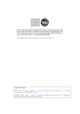 Upadhye, M; Mabey, D (2005) Chronic Fatigue in Developing Coun- Tries: Population Based Survey of Women in India