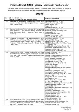 Feilding Branch NZSG - Library Holdings in Number Order