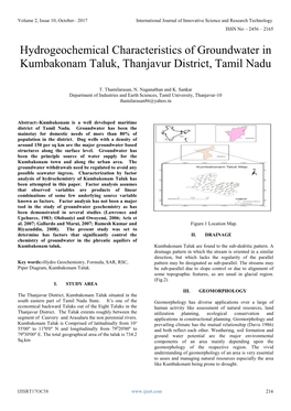 Hydrogeochemical Characteristics of Groundwater in Kumbakonam Taluk, Thanjavur District, Tamil Nadu