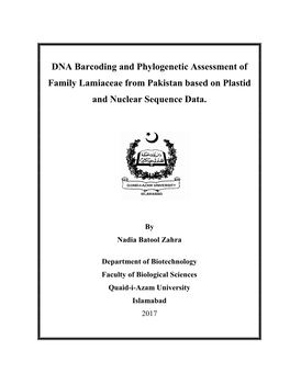 DNA Barcoding and Phylogenetic Assessment of Family Lamiaceae from Pakistan Based on Plastid and Nuclear Sequence Data