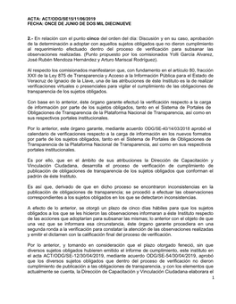 Acta: Act/Odg/Se15/11/06/2019 Fecha: Once De Junio De Dos Mil Diecinueve
