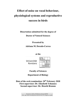 Effect of Noise on Vocal Behaviour, Physiological Systems and Reproductive Success in Birds