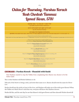 Chitas for Thursday, Parshas Korach Rosh Chodesh Tammuz Lamed Sivan, 5781