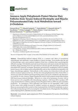 Annurca Apple Polyphenols Protect Murine Hair Follicles from Taxane Induced Dystrophy and Hijacks Polyunsaturated Fatty Acid Metabolism Toward Β-Oxidation