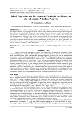 Tribal Population and Development Policies in the Himalayan State of Sikkim: a Critical Analysis Dr Durga Prasad Chhetri