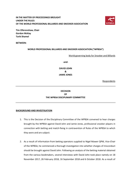 IN the MATTER of PROCEEDINGS BROUGHT UNDER the RULES of the WORLD PROFESSIONAL BILLIARDS and SNOOKER ASSOCIATION Tim Ollerenshaw