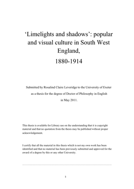 'Limelights and Shadows': Popular and Visual Culture in South West