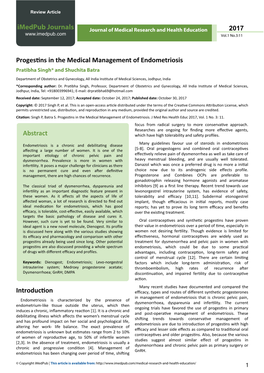 Progestins in the Medical Management of Endometriosis Pratibha Singh* and Shuchita Batra