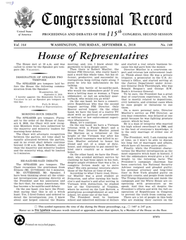 Congressional Record United States Th of America PROCEEDINGS and DEBATES of the 115 CONGRESS, SECOND SESSION