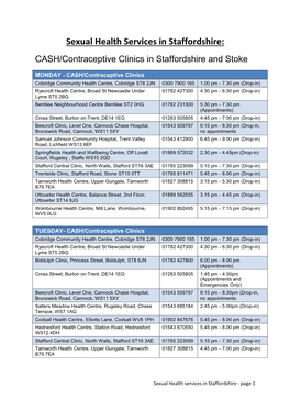 Sexual Health Services in Staffordshire: CASH/Contraceptive Clinics in Staffordshire and Stoke