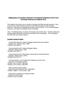 Bibliography of Canadian Literature in the Special Collections of the Trent University Archives As of March 2012