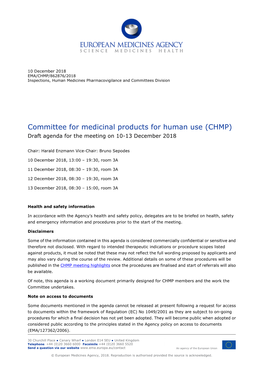 CHMP December 2018 Agenda for Publication