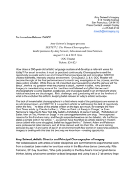 SKETCH 2: the Women Choreographers World Premieres by Amy Seiwert, Julia Adam and Gina Patterson August 2,3, & 4 2012 8Pm ODC Theater Tickets: $20-$25