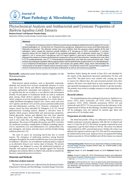 Phytochemical Analysis and Antibacterial and Cytotoxic Properties of Barleria Lupulina Lindl. Extracts