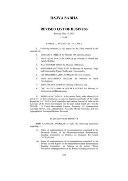 RAJYA SABHA —— REVISED LIST of BUSINESS Tuesday, May 12, 2015 11 A.M