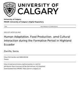 Human Adaptation. Food Production. Amd Cultural Interaction During the Formative Period in Highland Ecuador