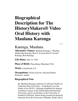 Biographical Description for the Historymakers® Video Oral History with Maulana Karenga