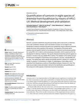 Quantification of Santonin in Eight Species of Artemisia from Kazakhstan by Means of HPLC-UV