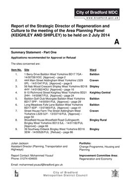 Report of the Strategic Director of Regeneration and Culture to the Meeting of the Area Planning Panel (KEIGHLEY and SHIPLEY) to Be Held on 2 July 2014 A