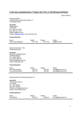 Liste Der Zugelassenen Träger Des FSJ in Schleswig-Holstein