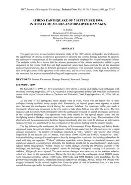 Athens Earthquake of 7 September 1999: Intensity Measures and Observed Damages