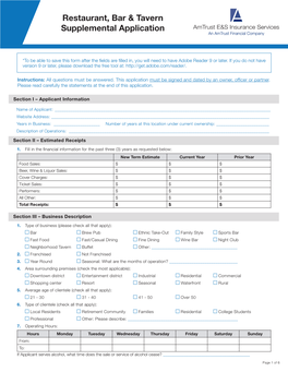 Restaurant, Bar & Tavern Supplemental Application