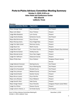 Ports-To-Plains Advisory Committee Meeting Summary October 1, 2019, 8:30 A.M