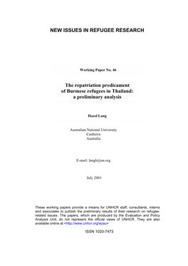 The Repatriation Predicament of Burmese Refugees in Thailand: a Preliminary Analysis