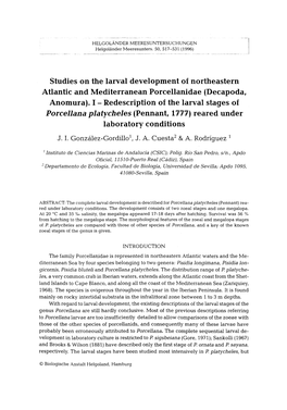 (Decapoda, Anomura). I - Redescription of the Larval Stages of Porcellana Platycheles (Pennant, 1777) Reared Under Laboratory Conditions