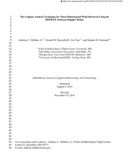 The Coplane Analysis Technique for Three-Dimensional Wind Retrieval Using the 2 HIWRAP Airborne Doppler Radar 3 4 5 6 7 8 9 Anthony C