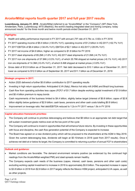 Arcelormittal Reports Fourth Quarter 2017 and Full Year 2017 Results
