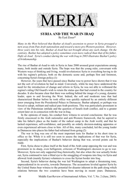 SYRIA and the WAR in IRAQ by Eyal Zisser*