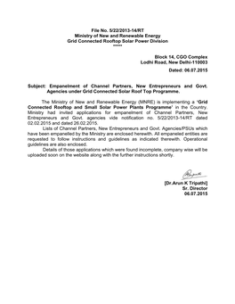 File No. 5/22/2013-14/RT Ministry of New and Renewable Energy Grid Connected Rooftop Solar Power Division *****