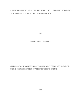 A Socio-Pragmatic Analysis of Some Lozi Linguistic Avoidance Strategies in Relation to Lozi Taboo Language