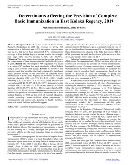 Determinants Affecting the Provision of Complete Basic Immunization in East Kolaka Regency, 2019