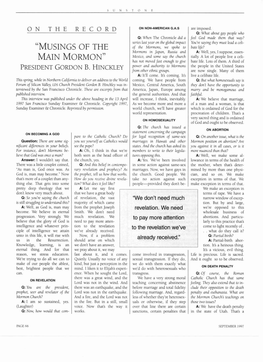 Mormons, We Spoke to Bate Lije? Mormons in Japan, Russia and A: Well, Yes, I Suppose, Essen- Mexico, and Some Say the Church Tially