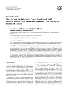 Research Article Diversity and Antimicrobial Properties of Lactic Acid Bacteria Isolated from Rhizosphere of Olive Trees and Desert Truffles of Tunisia