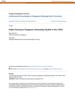 Public Housing in Singapore: Interpreting 'Quality' in the 1990S