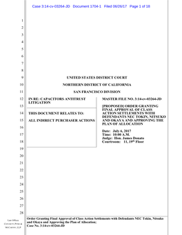 Order Granting Final Approval of Class Action Settlements with Defendants NEC Tokin, Nitsuko and Okaya and Approving the Plan of Allocation; COTCHETT, PITRE & Case No